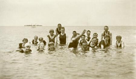 vintage photo of friends swimming